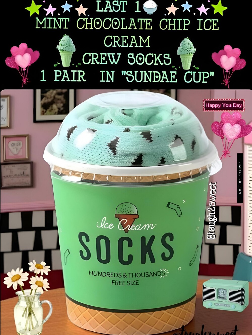 🆕️MINT CHOCOLATE CHIP ICE CREAM CREW SOCKS 1 PAIR  IN "SUNDAE CUP"